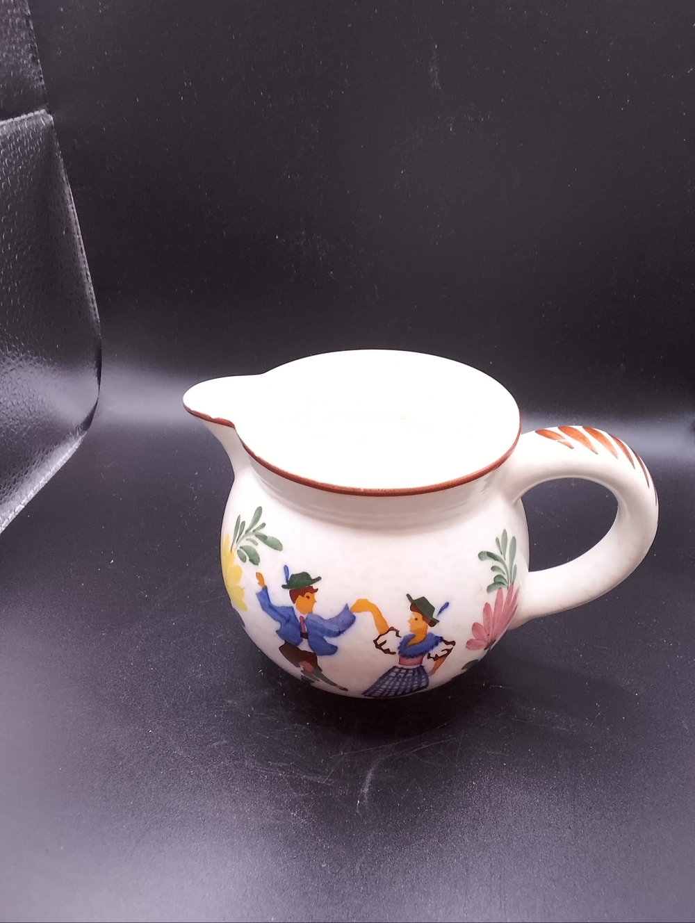 Alpine Peasant Ware Hand painted Germany Creamer Peasants Dancing 2.5” Tall